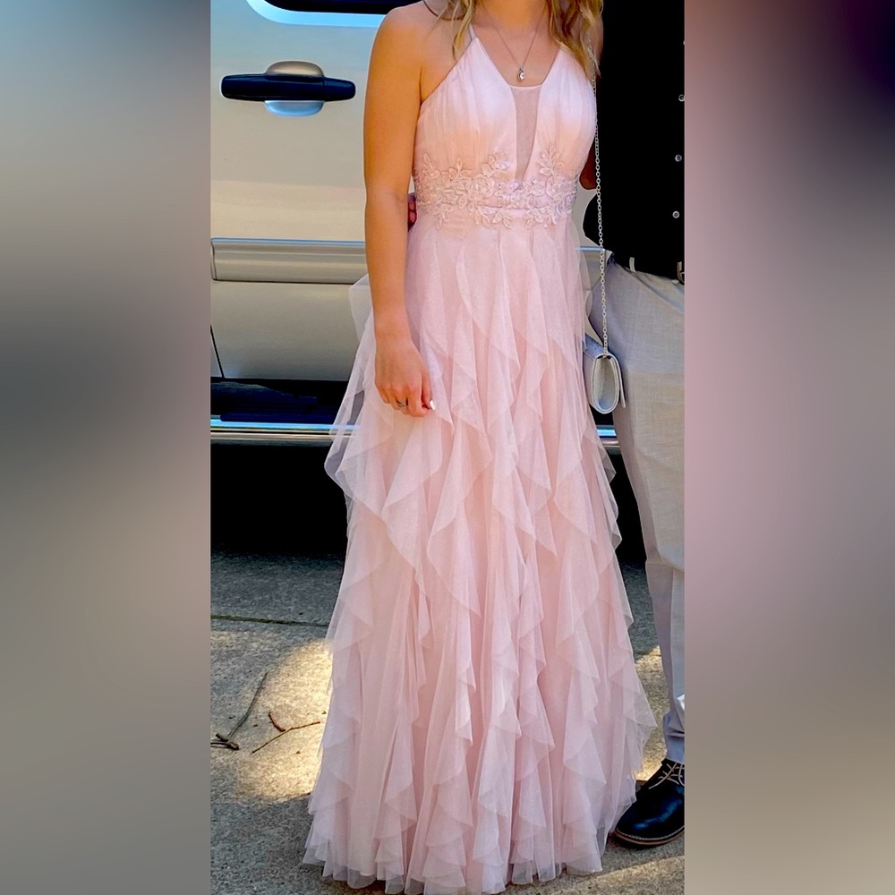 Peach Couture long prom dress.  Pale pink size 0 - Picture 3 of 5